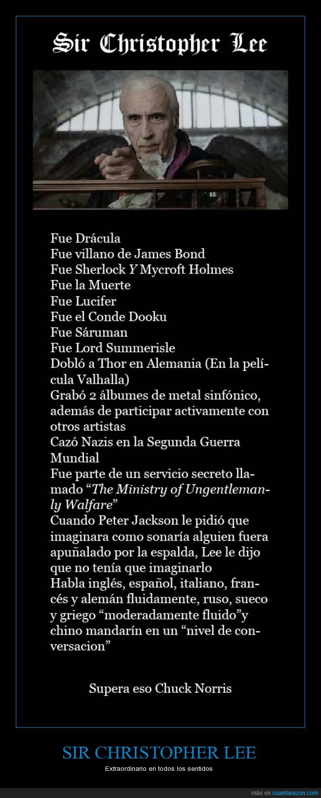 Tim Burton a veces,Saruman,El Señor de los Anillos,Conde Dooku,Star Wars,Drácula,también fue Frankenstein,Charlemagne,Christopher Lee,The Sword and the Cross